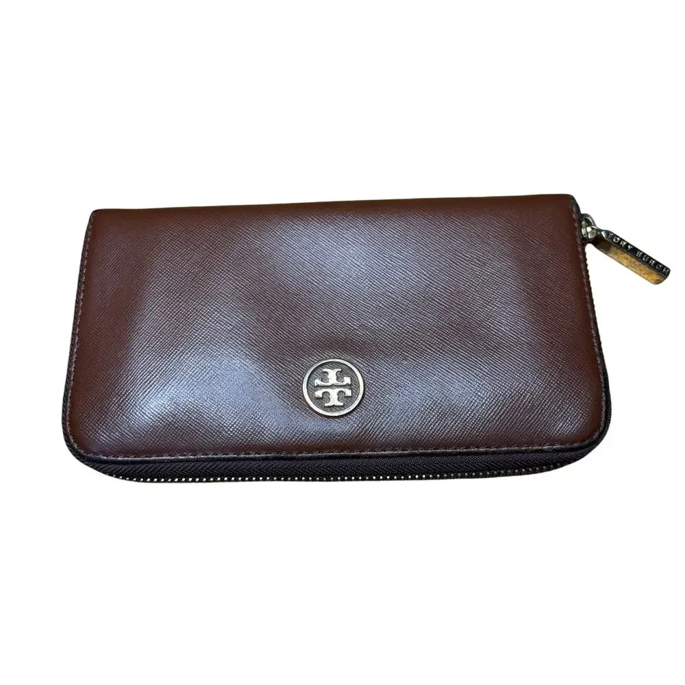 Tory Burch Robinson Brown Saffiano Leather Zip Around Continental Wallet Women's